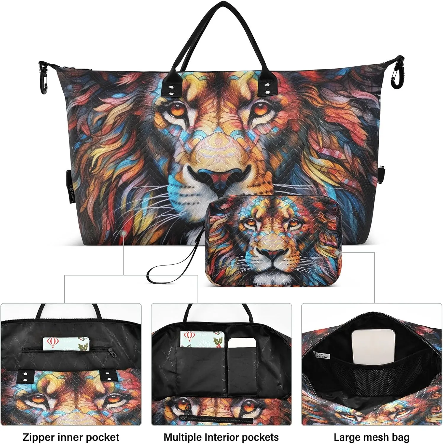 Colorful Lion Head on Black Duffel Bags Travel Duffel Bags for Women Women's Gym Bag Large Weekender Bag