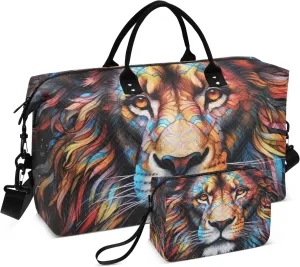 Colorful Lion Head on Black Duffel Bags Travel Duffel Bags for Women Women's Gym Bag Large Weekender Bag