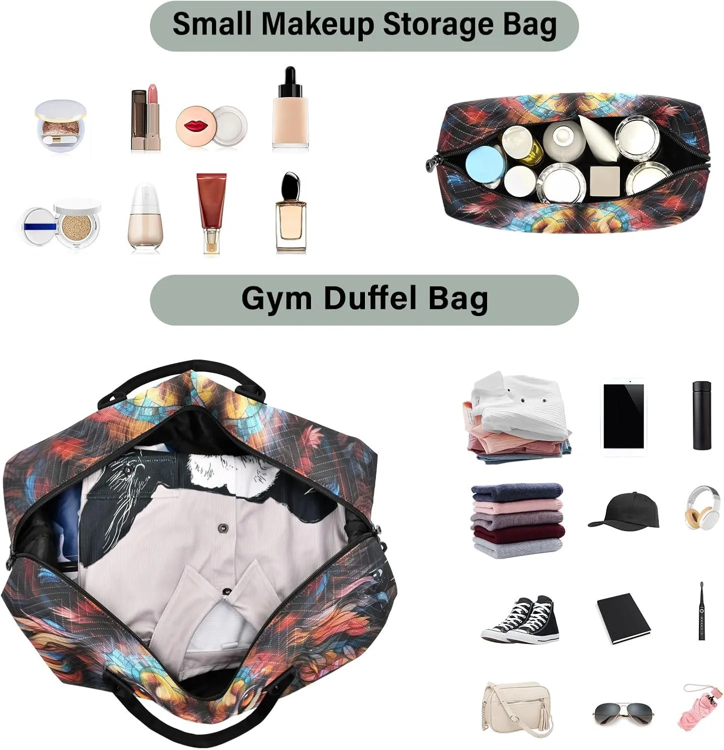 Colorful Lion Head on Black Duffel Bags Travel Duffel Bags for Women Women's Gym Bag Large Weekender Bag