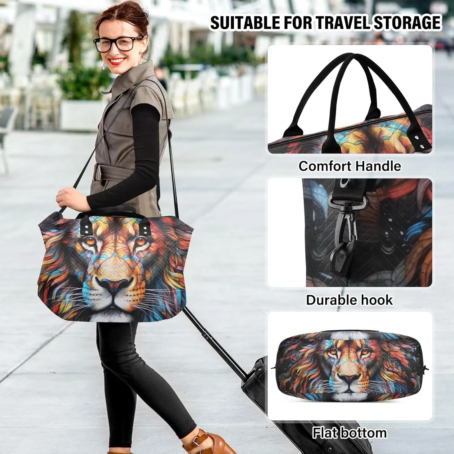 Colorful Lion Head on Black Duffel Bags Travel Duffel Bags for Women Women's Gym Bag Large Weekender Bag