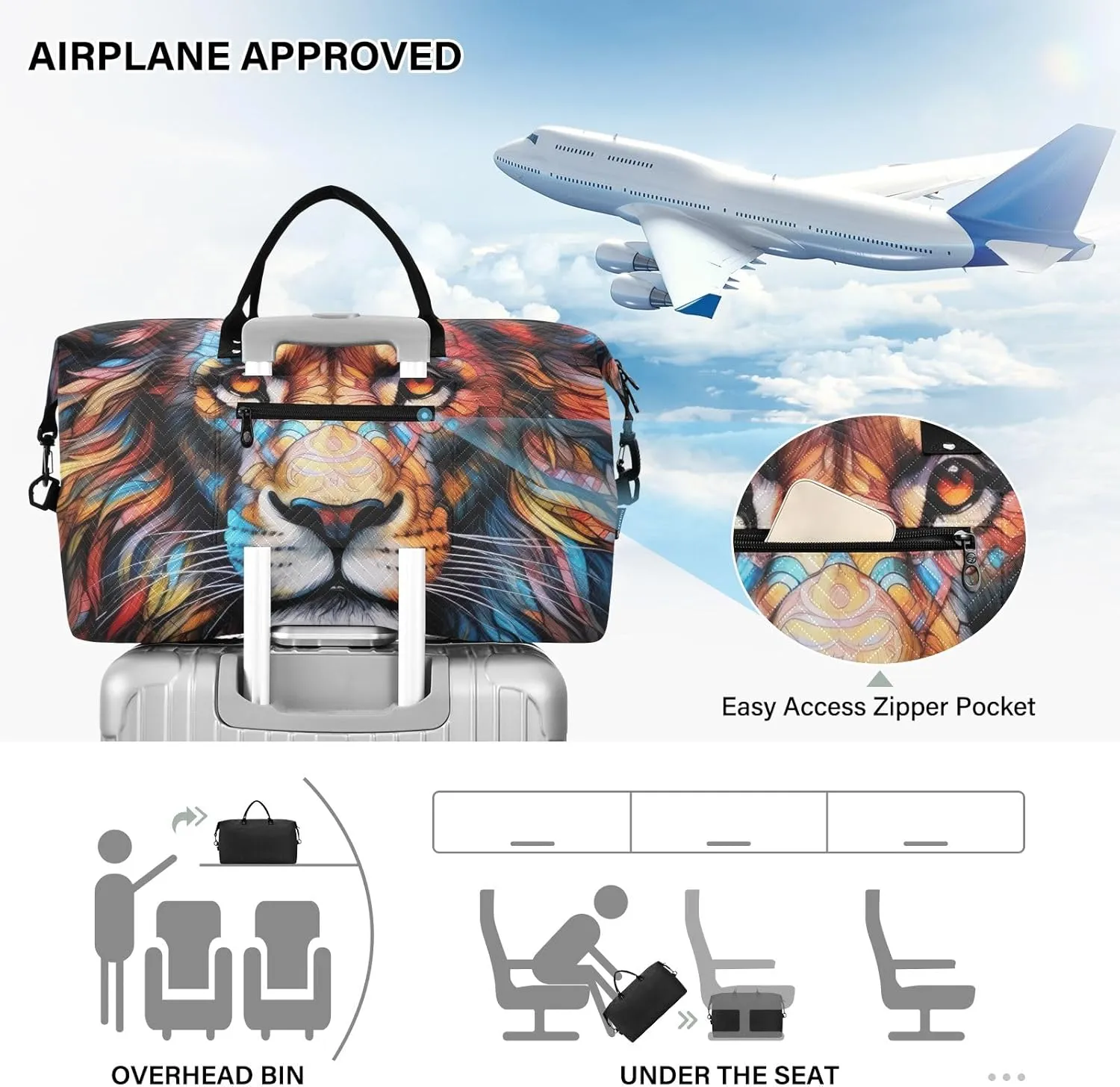 Colorful Lion Head on Black Duffel Bags Travel Duffel Bags for Women Women's Gym Bag Large Weekender Bag