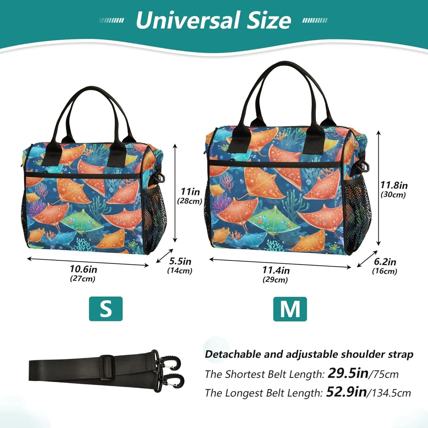 Colorful Stingray Fish and Coral Large Lunch Tote Bag Insulated Lunch Boxes with Adjustable Shoulder Strap