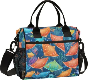 Colorful Stingray Fish and Coral Large Lunch Tote Bag Insulated Lunch Boxes with Adjustable Shoulder Strap