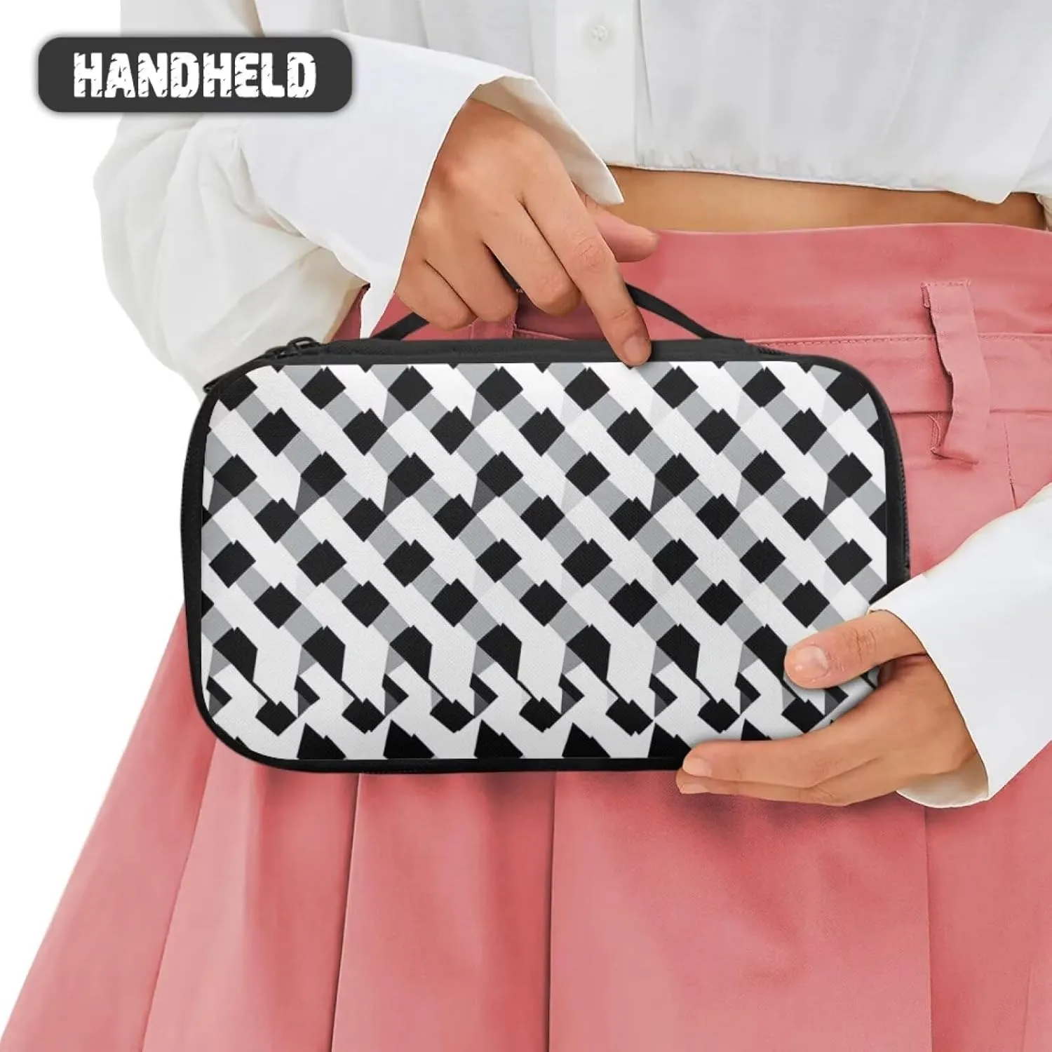 Compact Travel-Size Makeup Organizer Bag for Women 9.5x3.5x5.5 Inch Cosmetic Case with Brush Holder Mesh Pockets Black and White Geometric Print