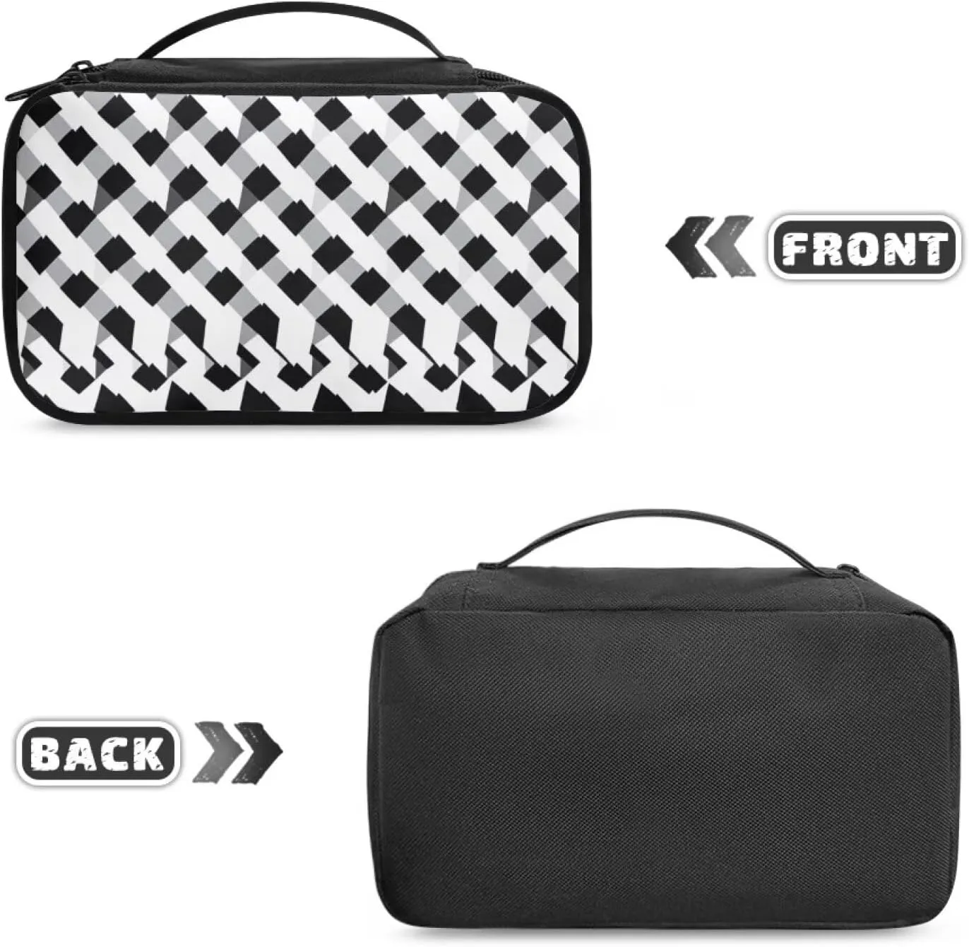 Compact Travel-Size Makeup Organizer Bag for Women 9.5x3.5x5.5 Inch Cosmetic Case with Brush Holder Mesh Pockets Black and White Geometric Print