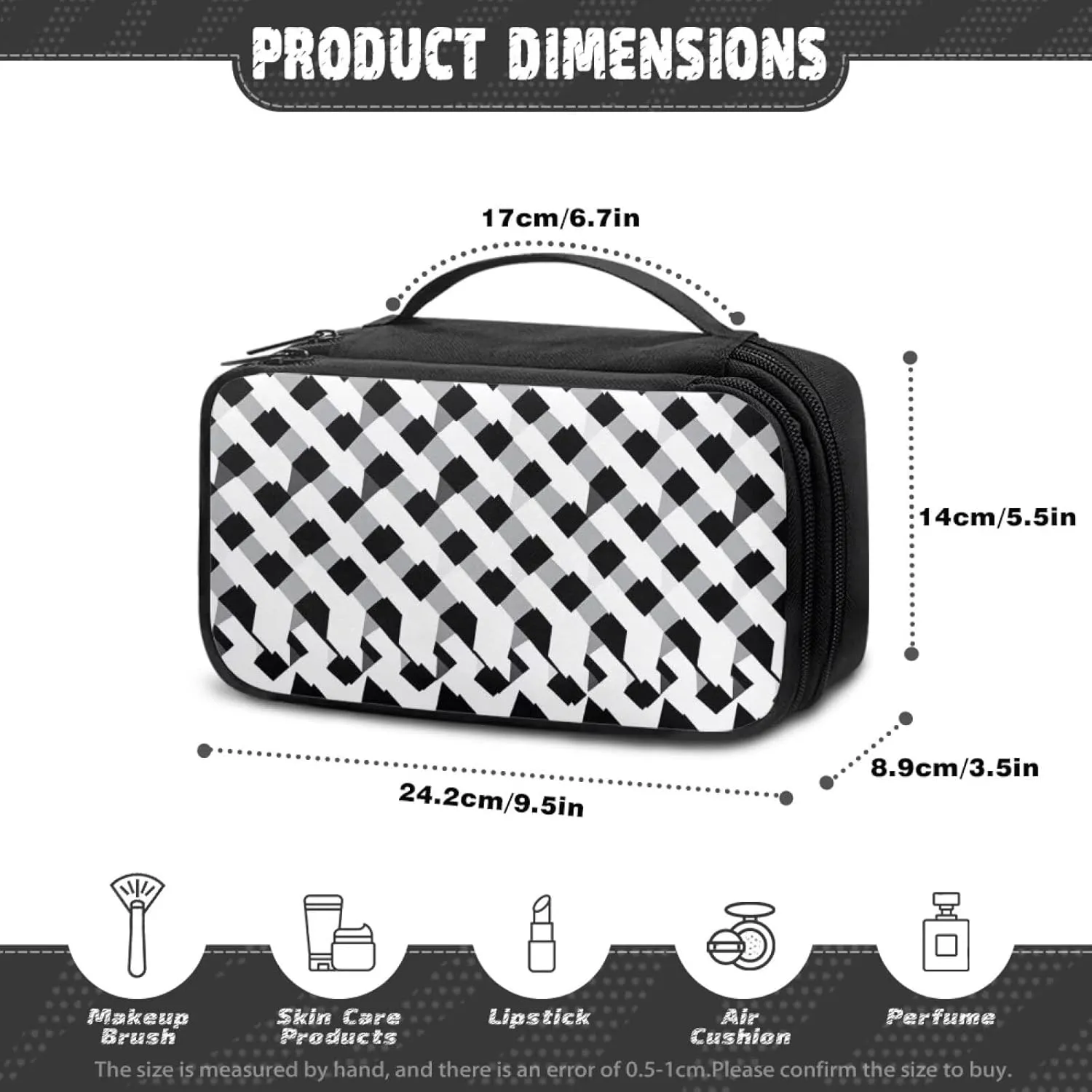 Compact Travel-Size Makeup Organizer Bag for Women 9.5x3.5x5.5 Inch Cosmetic Case with Brush Holder Mesh Pockets Black and White Geometric Print