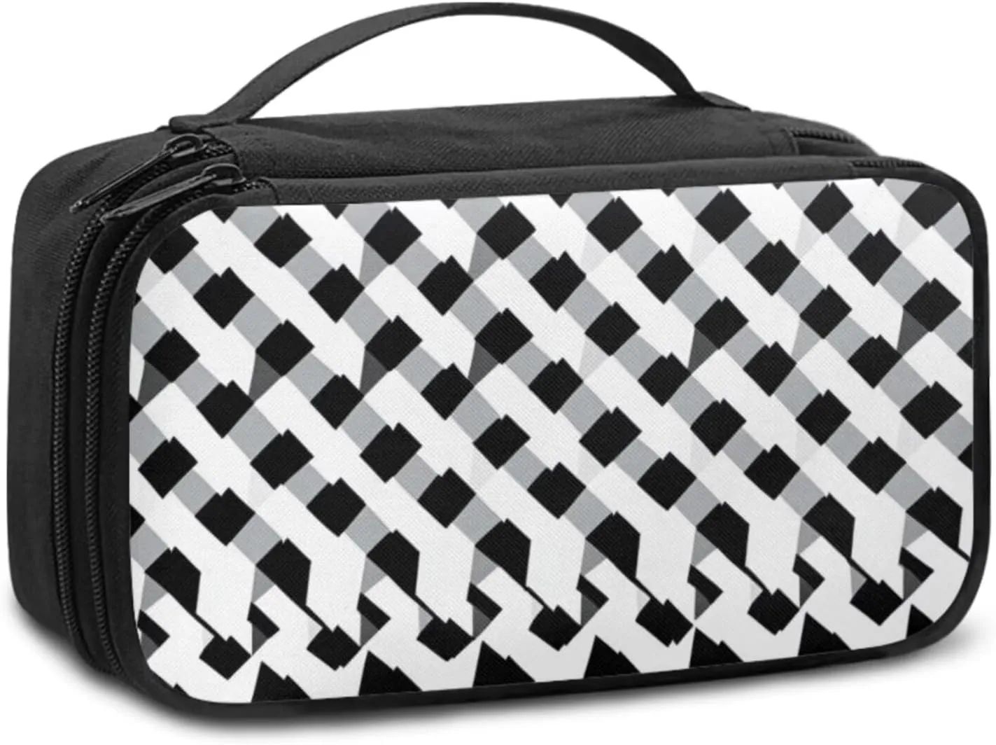 Compact Travel-Size Makeup Organizer Bag for Women 9.5x3.5x5.5 Inch Cosmetic Case with Brush Holder Mesh Pockets Black and White Geometric Print