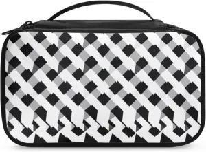 Compact Travel-Size Makeup Organizer Bag for Women 9.5x3.5x5.5 Inch Cosmetic Case with Brush Holder Mesh Pockets Black and White Geometric Print