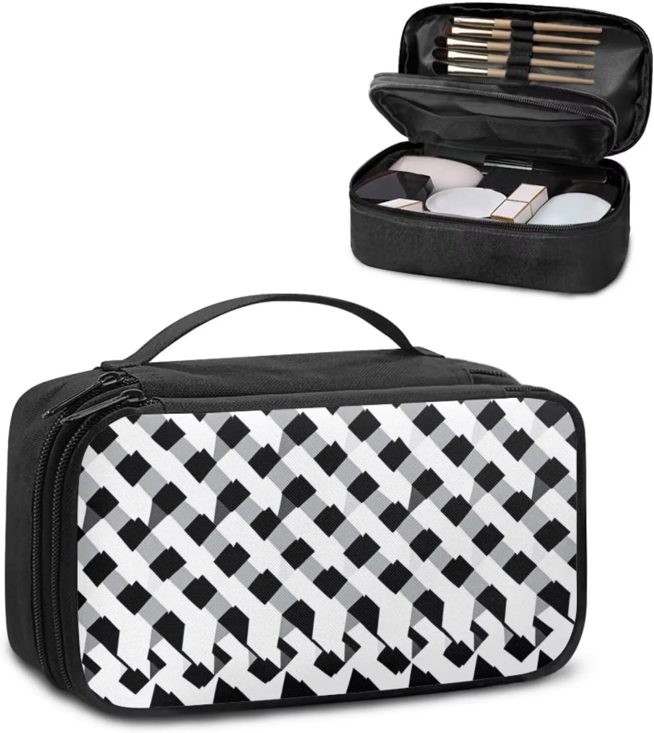 Compact Travel-Size Makeup Organizer Bag for Women 9.5x3.5x5.5 Inch Cosmetic Case with Brush Holder Mesh Pockets Black and White Geometric Print