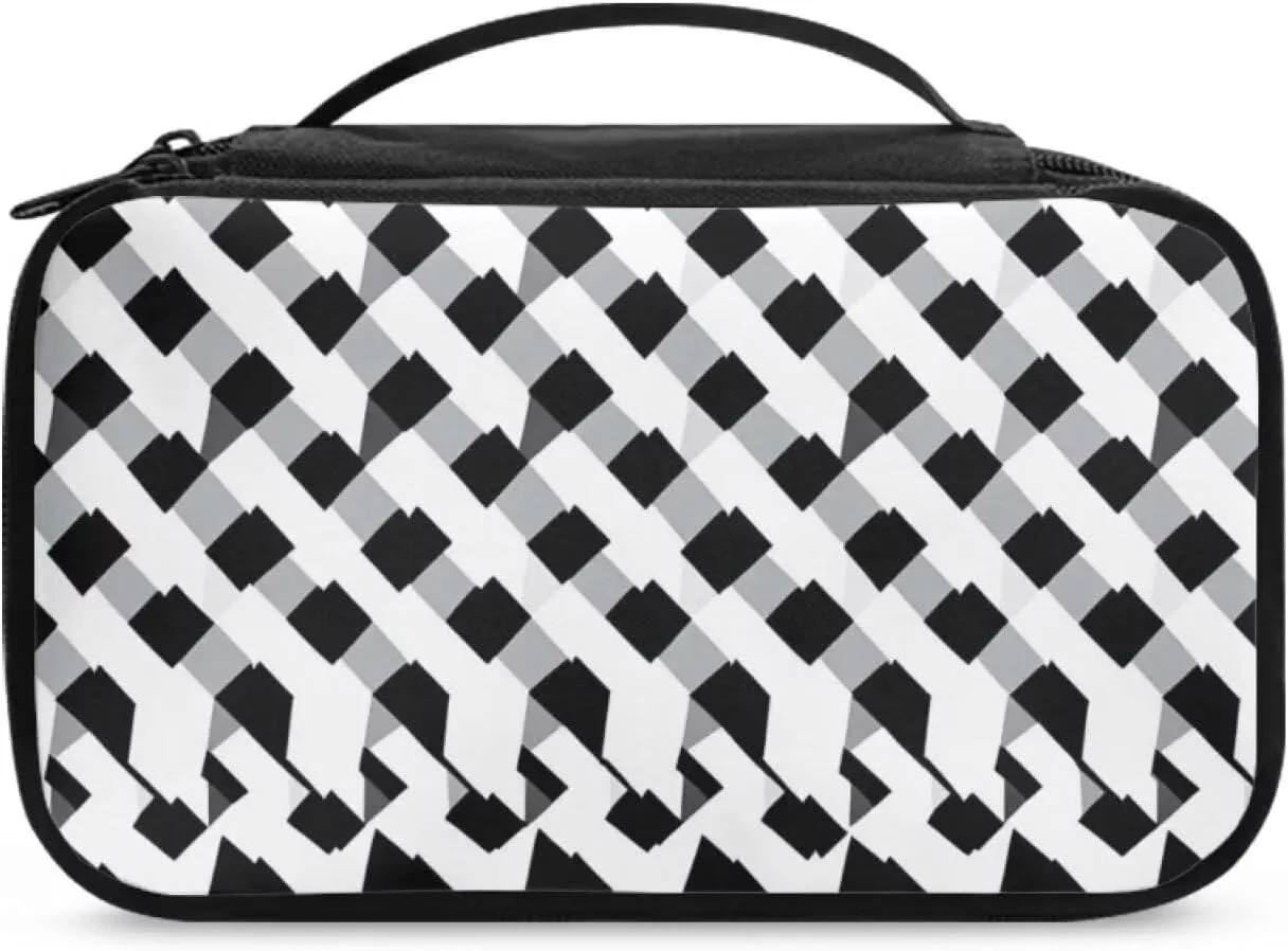 Compact Travel-Size Makeup Organizer Bag for Women 9.5x3.5x5.5 Inch Cosmetic Case with Brush Holder Mesh Pockets Black and White Geometric Print
