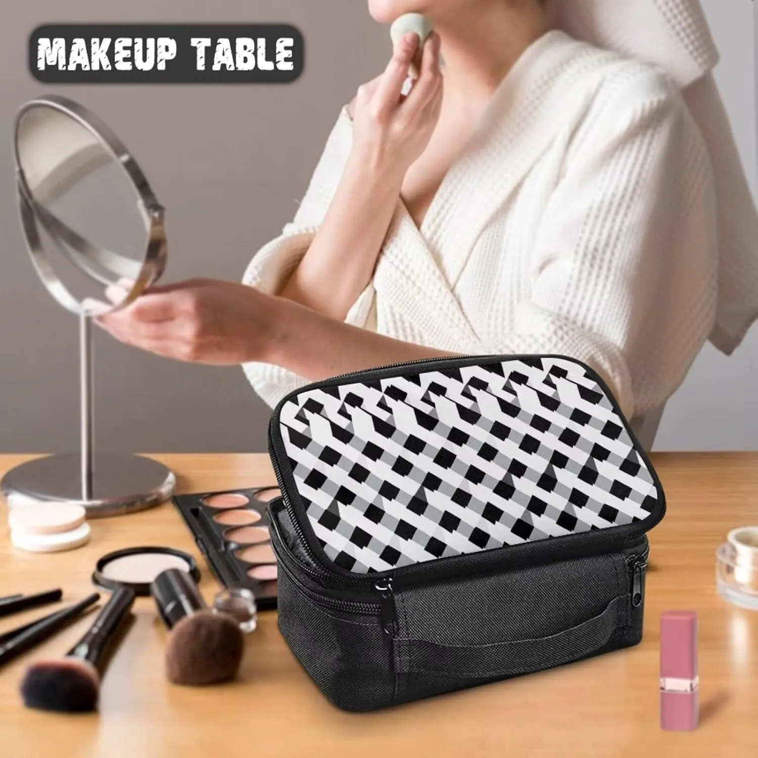 Compact Travel-Size Makeup Organizer Bag for Women 9.5x3.5x5.5 Inch Cosmetic Case with Brush Holder Mesh Pockets Black and White Geometric Print