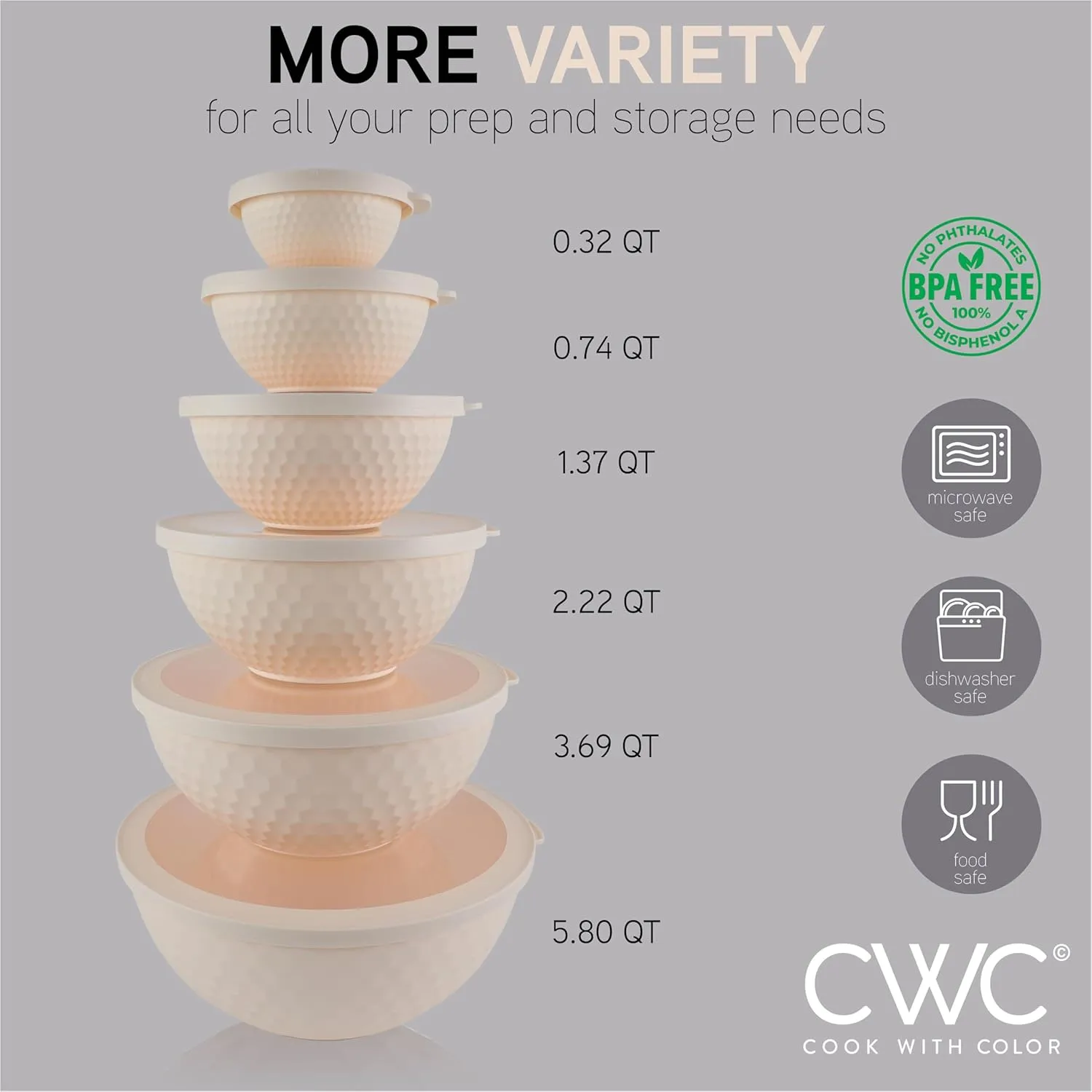 COOK WITH COLOR Mixing Bowls with Lids - 12 Piece Plastic Nesting Bowls Set includes 6 Prep Bowls and 6 Lids, Non Slip Bottom and Embossed Design - Microwave Safe (Cream)