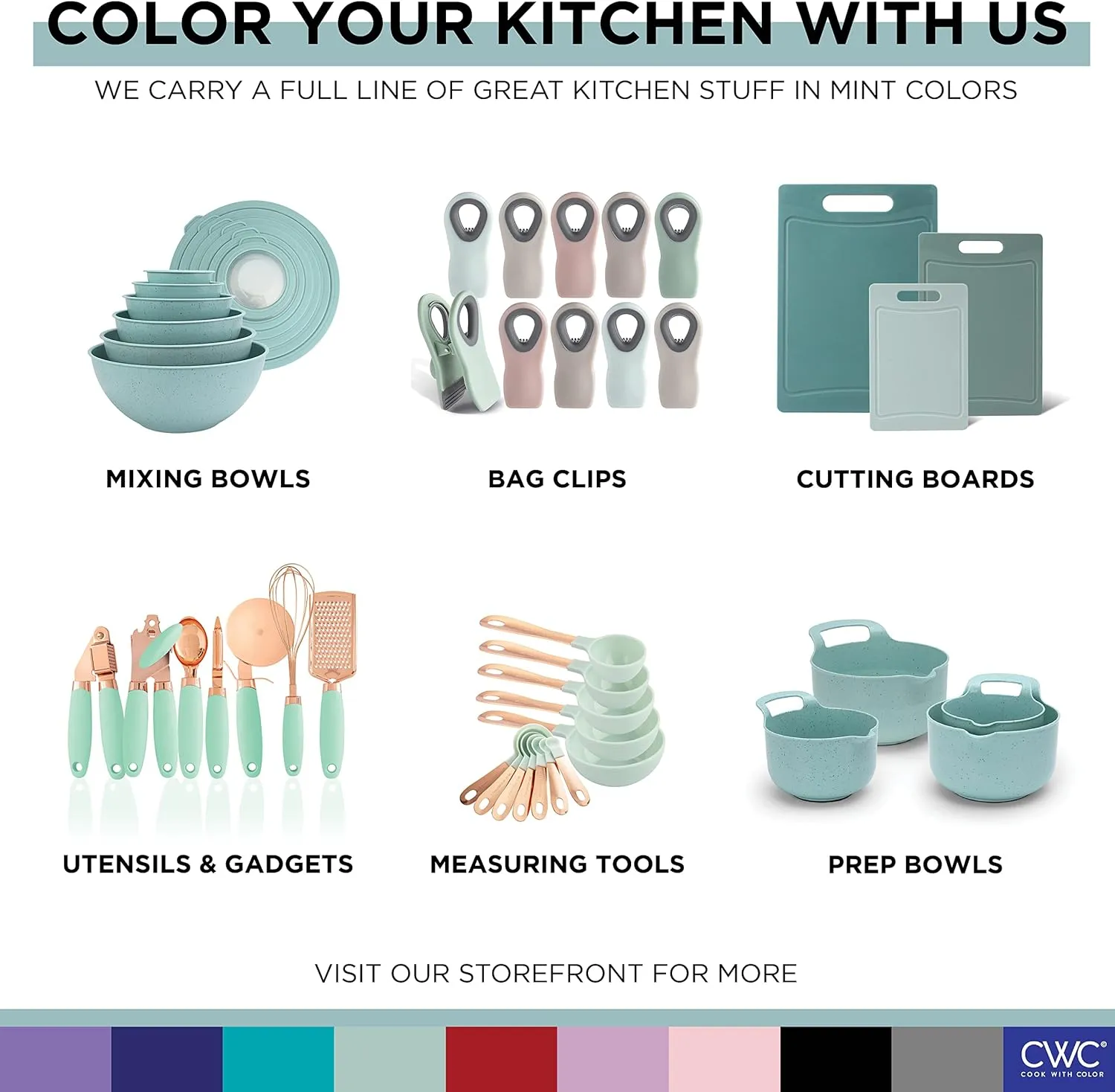 COOK WITH COLOR Mixing Bowls with Lids - 12 Piece Plastic Nesting Bowls Set includes 6 Prep Bowls and 6 Lids, Non Slip Bottom and Embossed Design - Microwave Safe (Mint)
