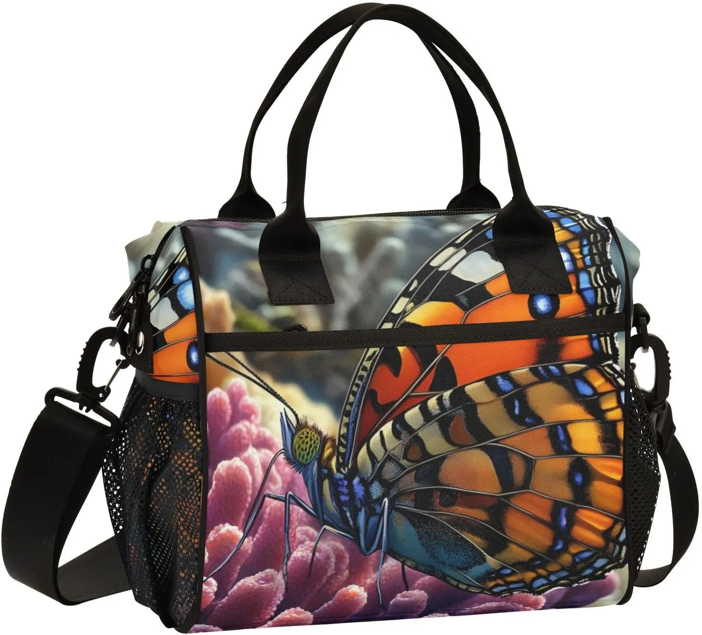 Coral Butterfly Insulated Lunch Bags Reusable Leak-proof Lunch Box Cooler Bag with Thermal Aluminum Lining Detachable Shoulder Strap Small