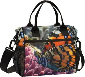 Coral Butterfly Insulated Lunch Bags Reusable Leak-proof Lunch Box Cooler Bag with Thermal Aluminum Lining Detachable Shoulder Strap Small