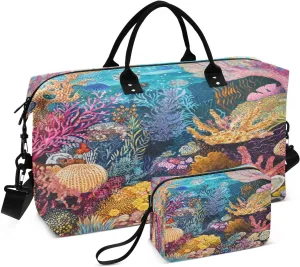 Coral Reef Marine Blue Sports Gym Bag for Women Men Travel Duffel Bag Weekend Overnight Carry on Bag with Toiletry Bag Training Handbag for Hospital Plane Swimming Yoga