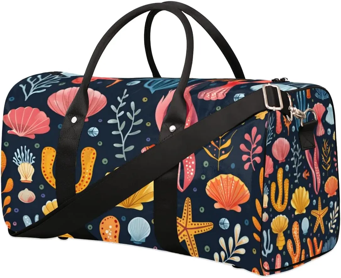 Coral Shells Ocean Travel Duffel bag for Men Women Weekender Overnight Bag Gym Bag Carry On Luggage Bags for Yoga Workout Sports