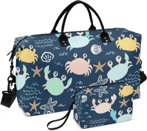 Crab Starfish Seashell Navy Sports Gym Bag for Women Men Travel Duffel Bag Weekend Overnight Carry on Bag with Toiletry Bag for Workout Swimming Yoga Plane