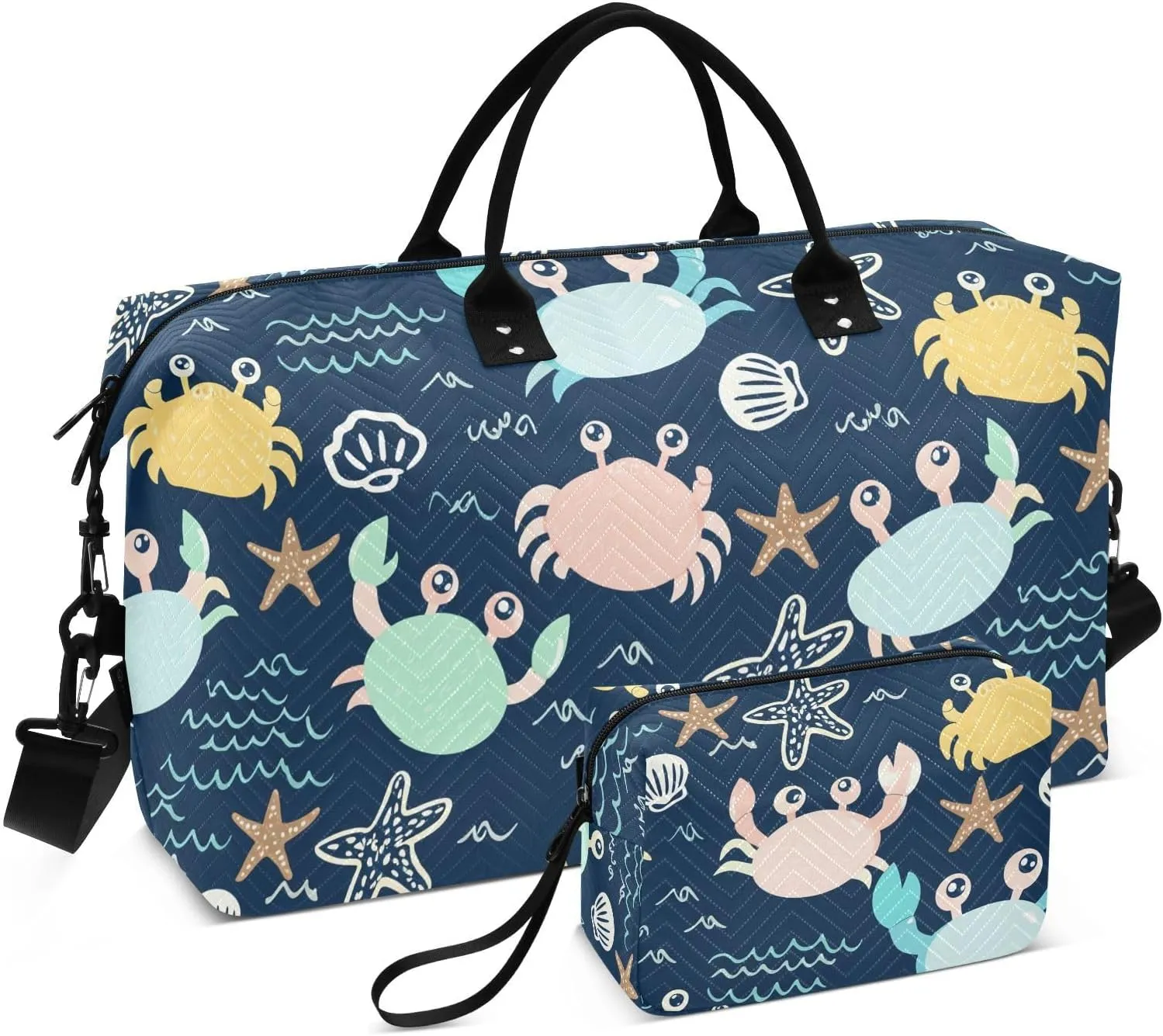 Crab Starfish Seashell Navy Sports Gym Bag for Women Men Travel Duffel Bag Weekend Overnight Carry on Bag with Toiletry Bag for Workout Swimming Yoga Plane