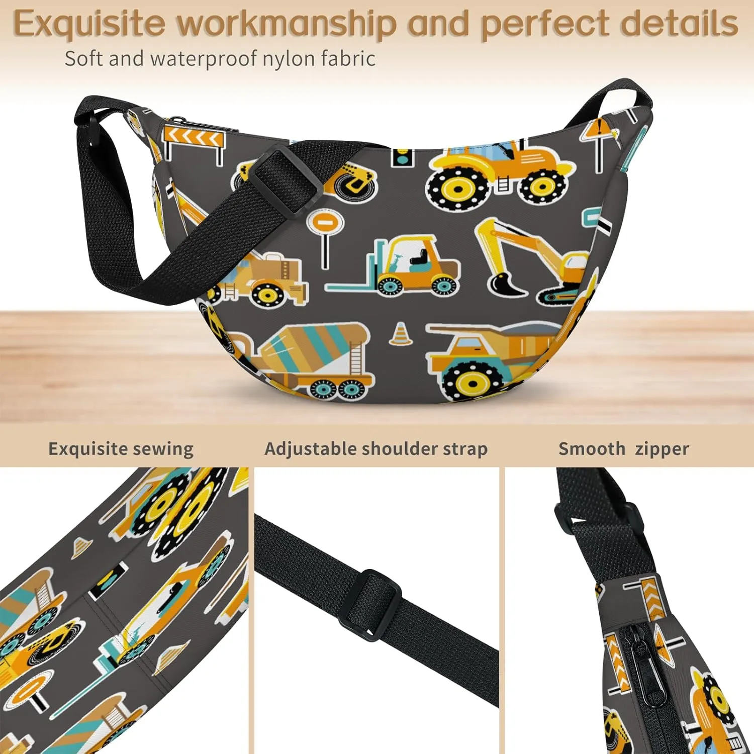 Crescent Bag for Women Men, Lightweight Medium Folding Crescent Moon Bag, Single Shoulder Bags with 2 Small Pockets