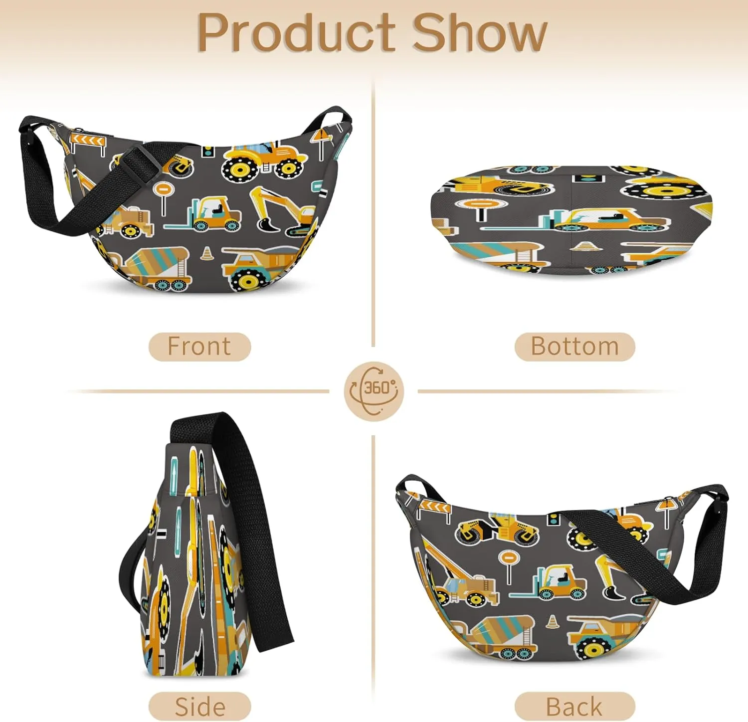 Crescent Bag for Women Men, Lightweight Medium Folding Crescent Moon Bag, Single Shoulder Bags with 2 Small Pockets
