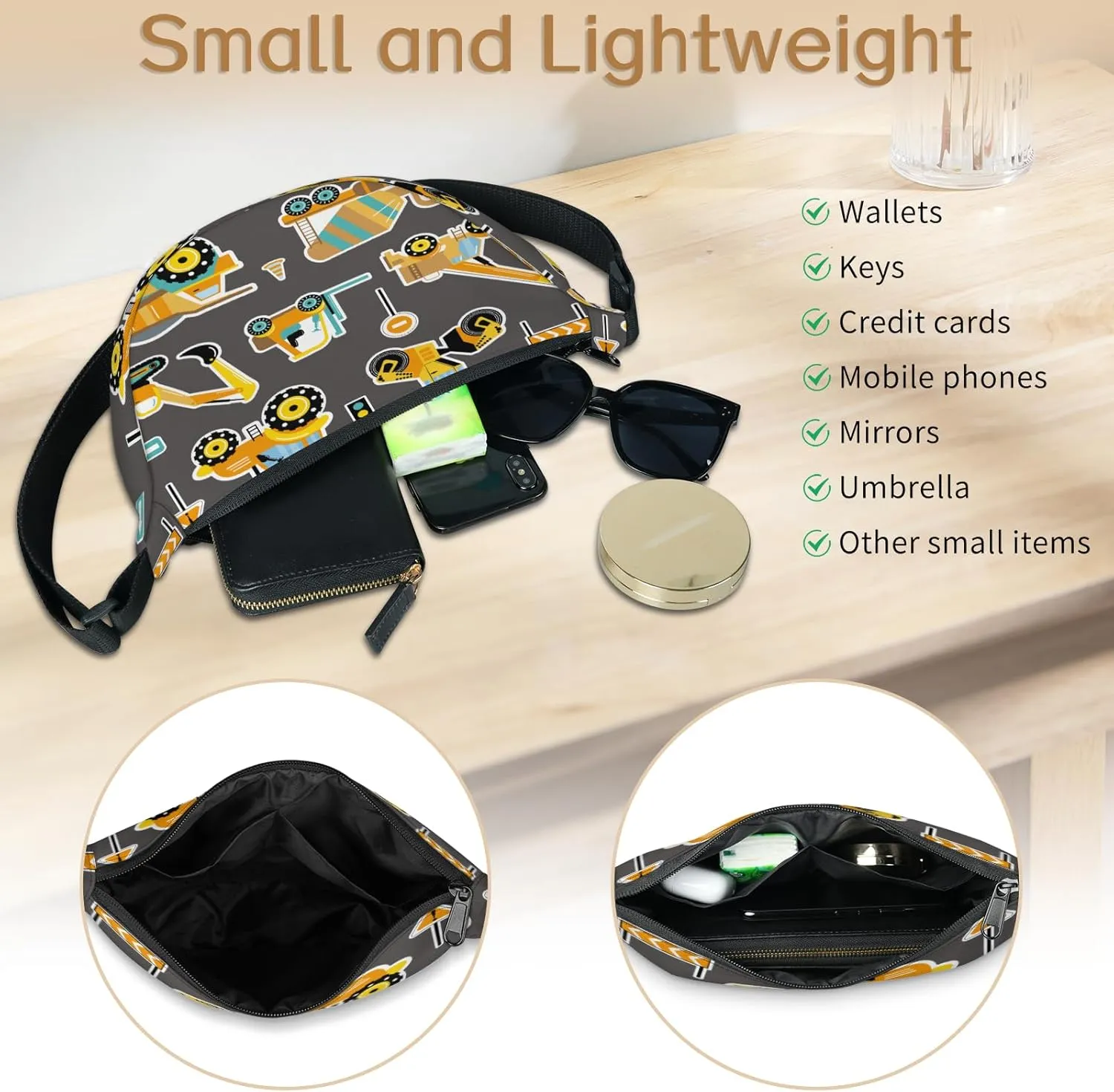 Crescent Bag for Women Men, Lightweight Medium Folding Crescent Moon Bag, Single Shoulder Bags with 2 Small Pockets