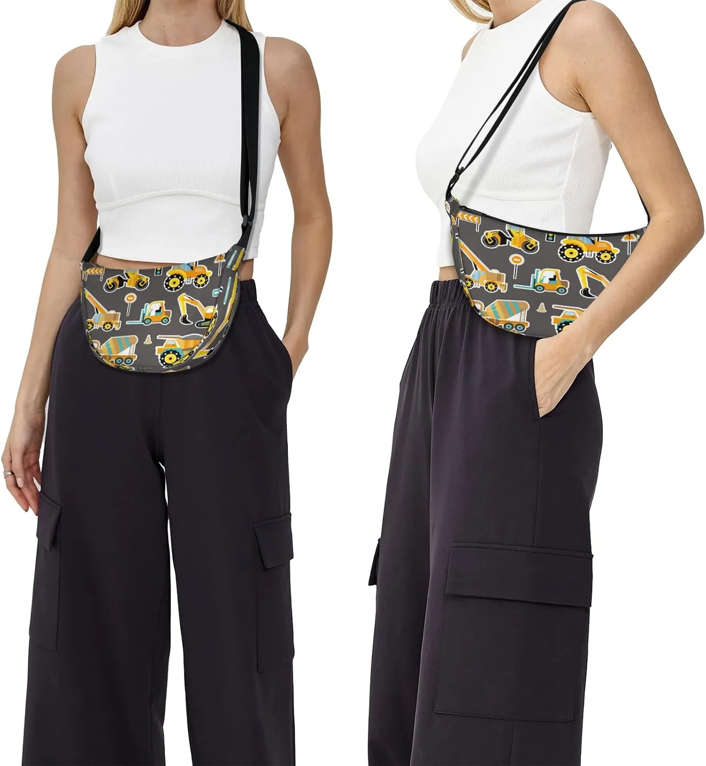 Crescent Bag for Women Men, Lightweight Medium Folding Crescent Moon Bag, Single Shoulder Bags with 2 Small Pockets