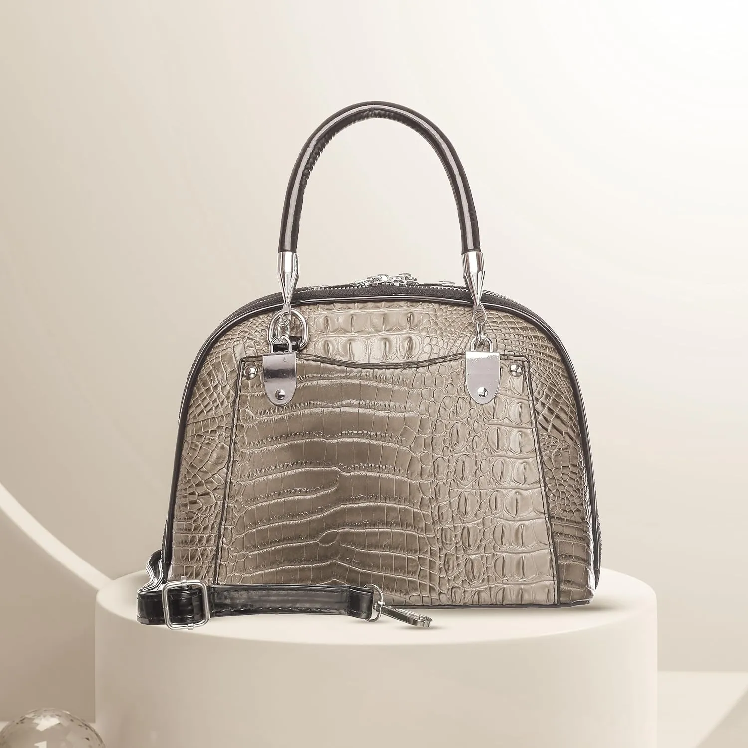 Crocodile Embossed Structured Handbag for Women – Elegant Top Handle Purse with Detachable Shoulder Strap
