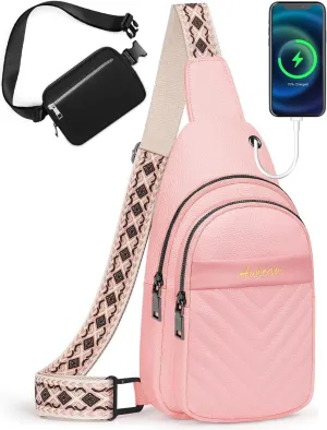 Crossbody bags for Women, Faux Leather Small Sling Bag Fashion Shoulder Waist Packs Purse and Fanny Packs Set, Pink