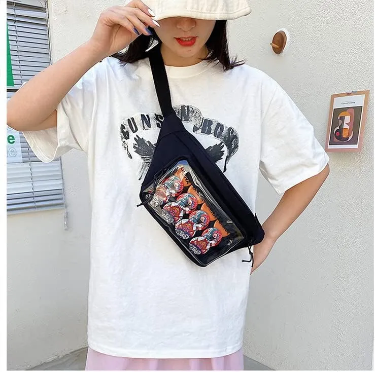 Crossbody Fanny Pack for Women, Ita Bag Clear Window Sling Bag Lolita Pocket Chest Purse (Black)