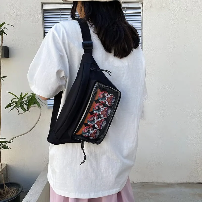Crossbody Fanny Pack for Women, Ita Bag Clear Window Sling Bag Lolita Pocket Chest Purse (Black)