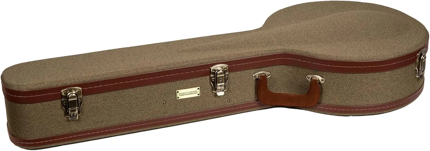 Crossrock Master Series 5-String Resonator Banjo Case | Olive Green Tweed Exterior, Re-Engineered Wooden Shell, Leather Handle & Forest Green Velvet Interior