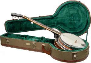 Crossrock Master Series 5-String Resonator Banjo Case | Olive Green Tweed Exterior, Re-Engineered Wooden Shell, Leather Handle & Forest Green Velvet Interior