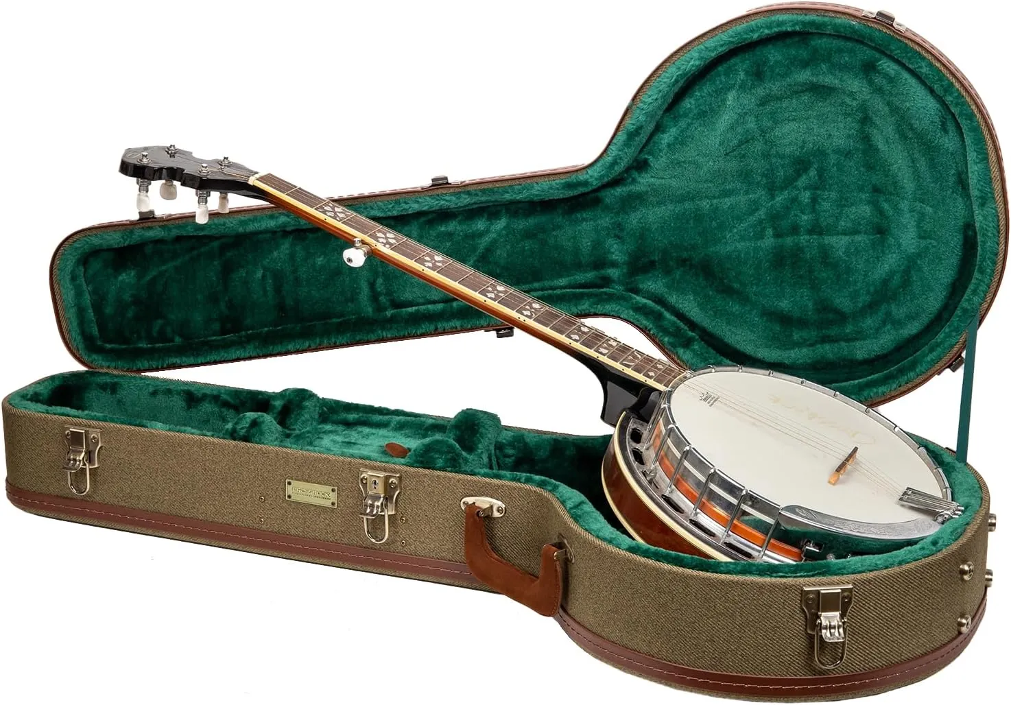 Crossrock Master Series 5-String Resonator Banjo Case | Olive Green Tweed Exterior, Re-Engineered Wooden Shell, Leather Handle & Forest Green Velvet Interior