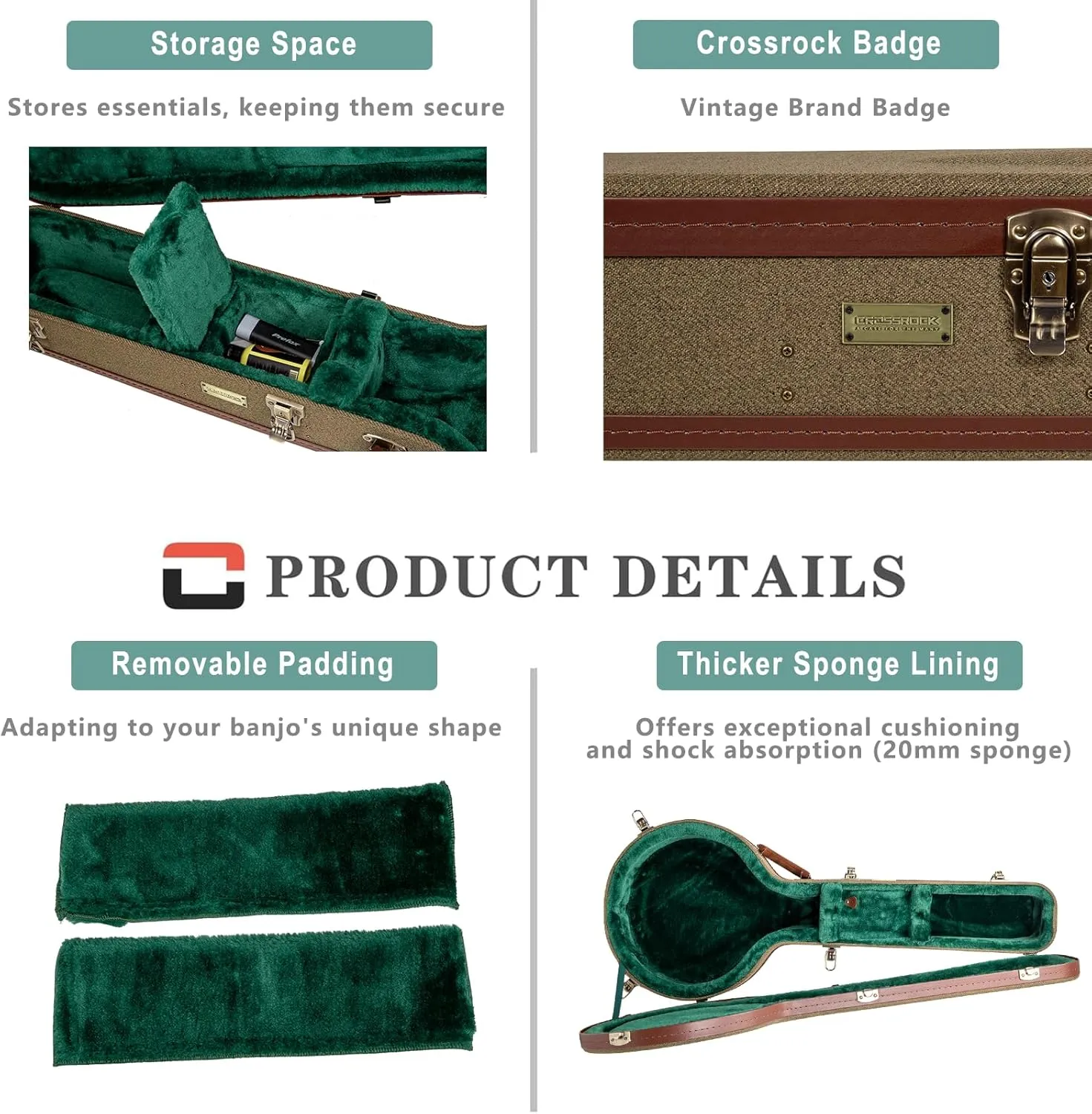 Crossrock Master Series 5-String Resonator Banjo Case | Olive Green Tweed Exterior, Re-Engineered Wooden Shell, Leather Handle & Forest Green Velvet Interior
