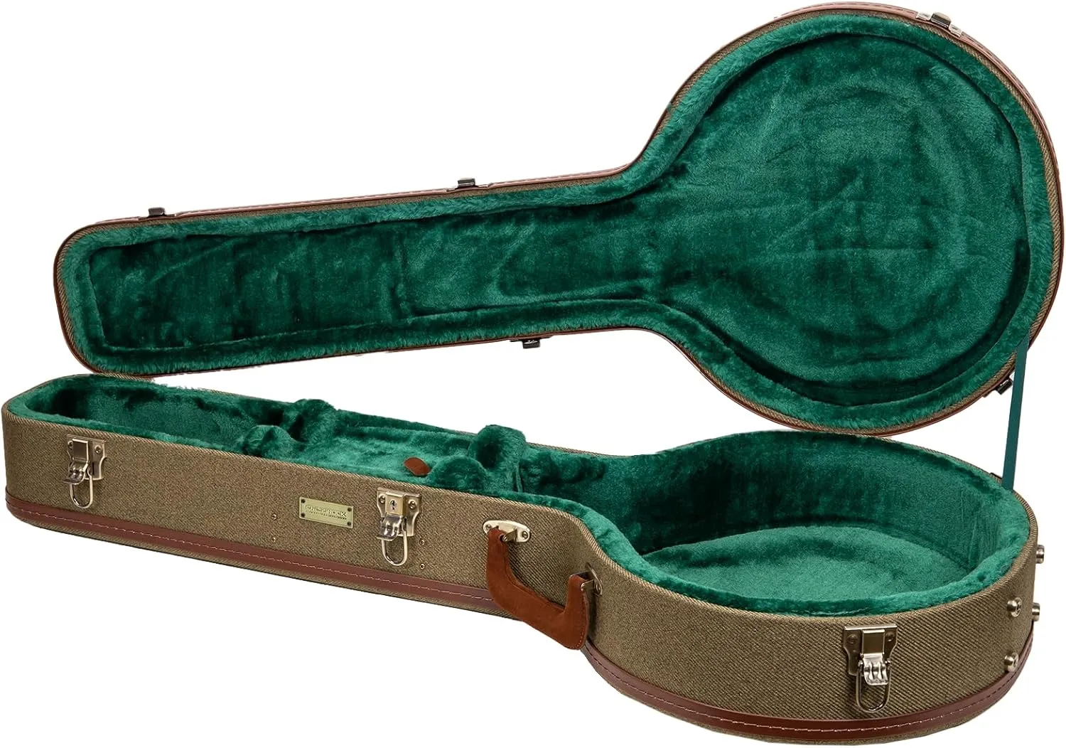 Crossrock Master Series 5-String Resonator Banjo Case | Olive Green Tweed Exterior, Re-Engineered Wooden Shell, Leather Handle & Forest Green Velvet Interior