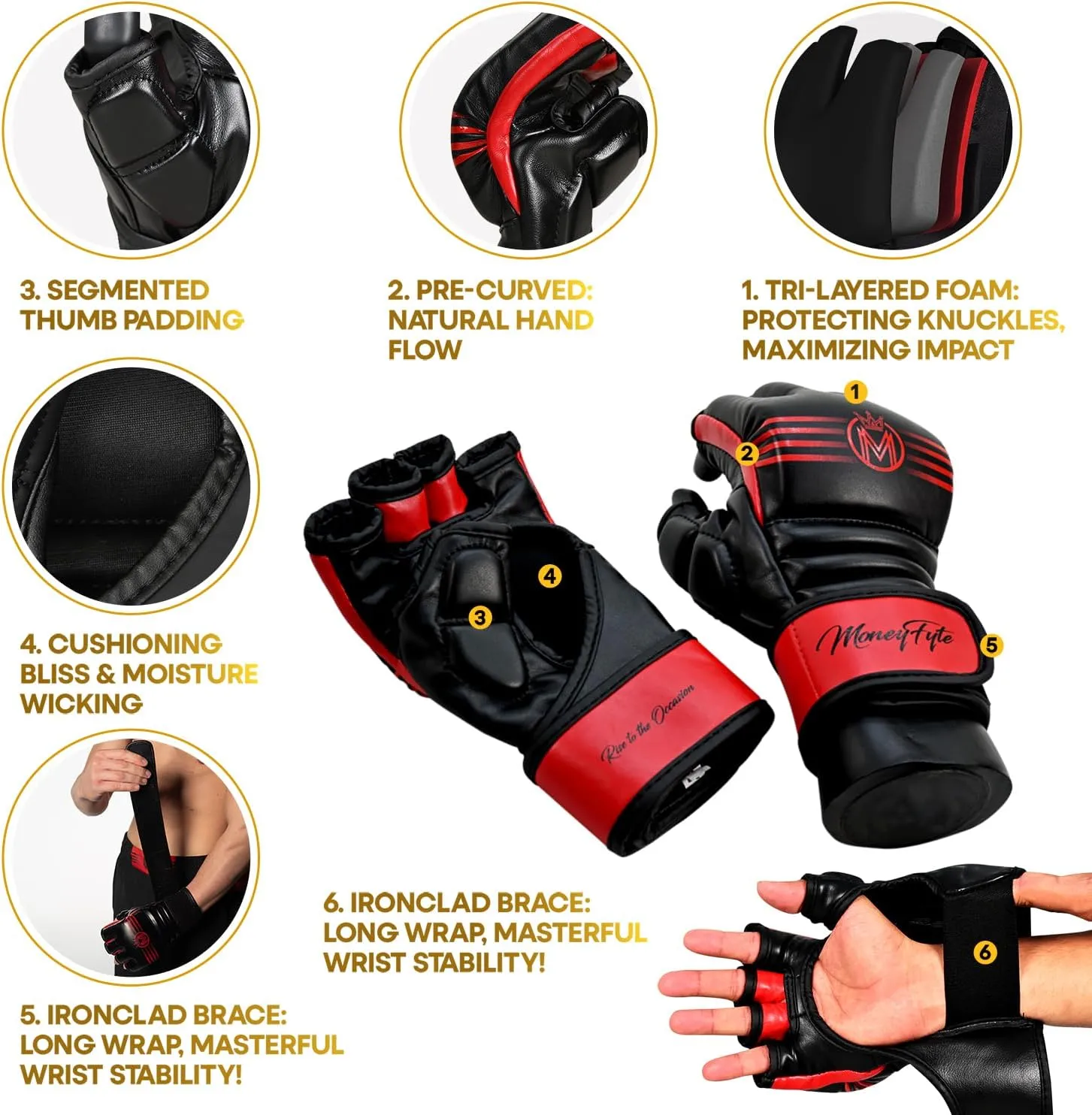 Crown MMA Gloves for Men & Women Martial Arts Punching Bag Gloves, UFC Grappling Fighting & Kickboxing Gloves Pre-Curved Half Finger Boxing Sparring Glove