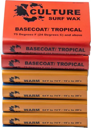 Culture Supply Surfboard Wax ~ 80g Bars | 6-Packs and 84 bar Cases | Tropical/Base | Warm | Cool | Cold | Wax Comb Included