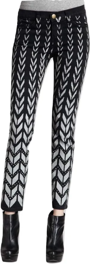 Current/Elliott The Ankle Skinny Rhinestone Chevron Jeans Pant, Black Chevron w/Rhinestones