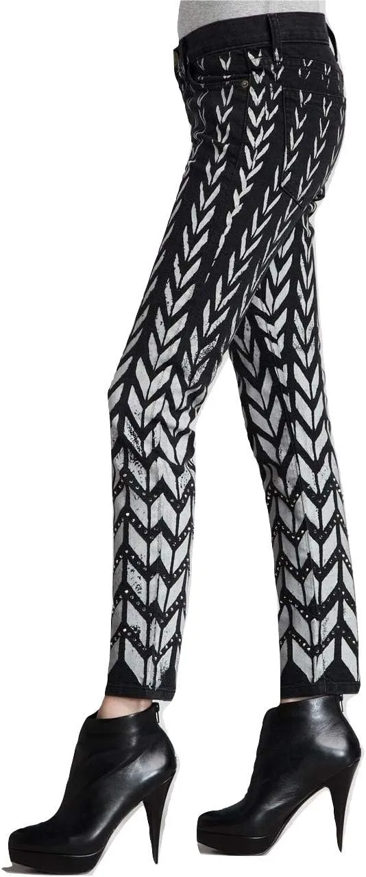 Current/Elliott The Ankle Skinny Rhinestone Chevron Jeans Pant, Black Chevron w/Rhinestones