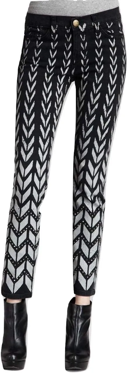 Current/Elliott The Ankle Skinny Rhinestone Chevron Jeans Pant, Black Chevron w/Rhinestones