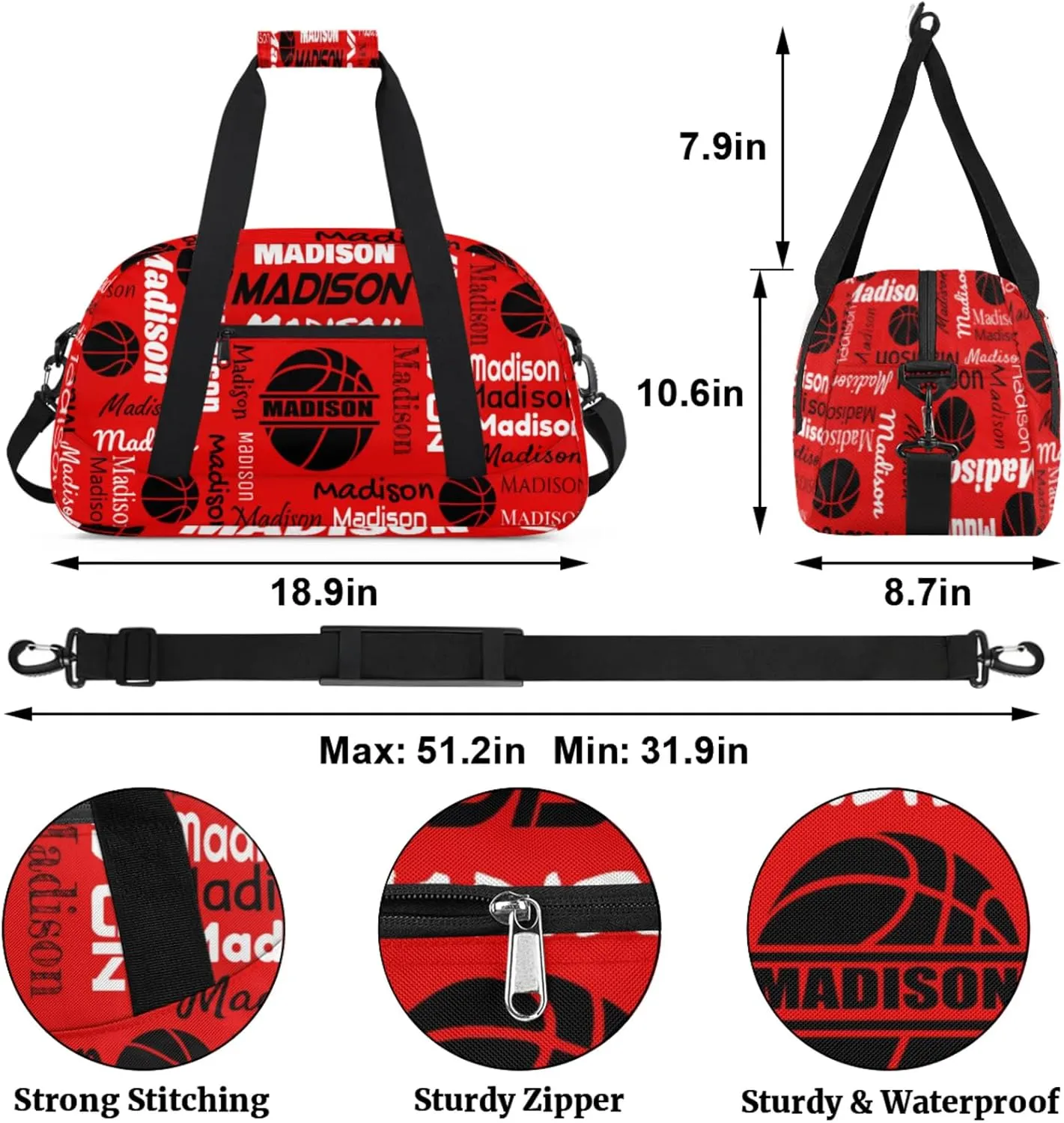 Custom Basketball Gym Duffel Bag for Women Men, Personalized Name Travel Sport Bags Customized Balls Weekender Bag, Coral Red A