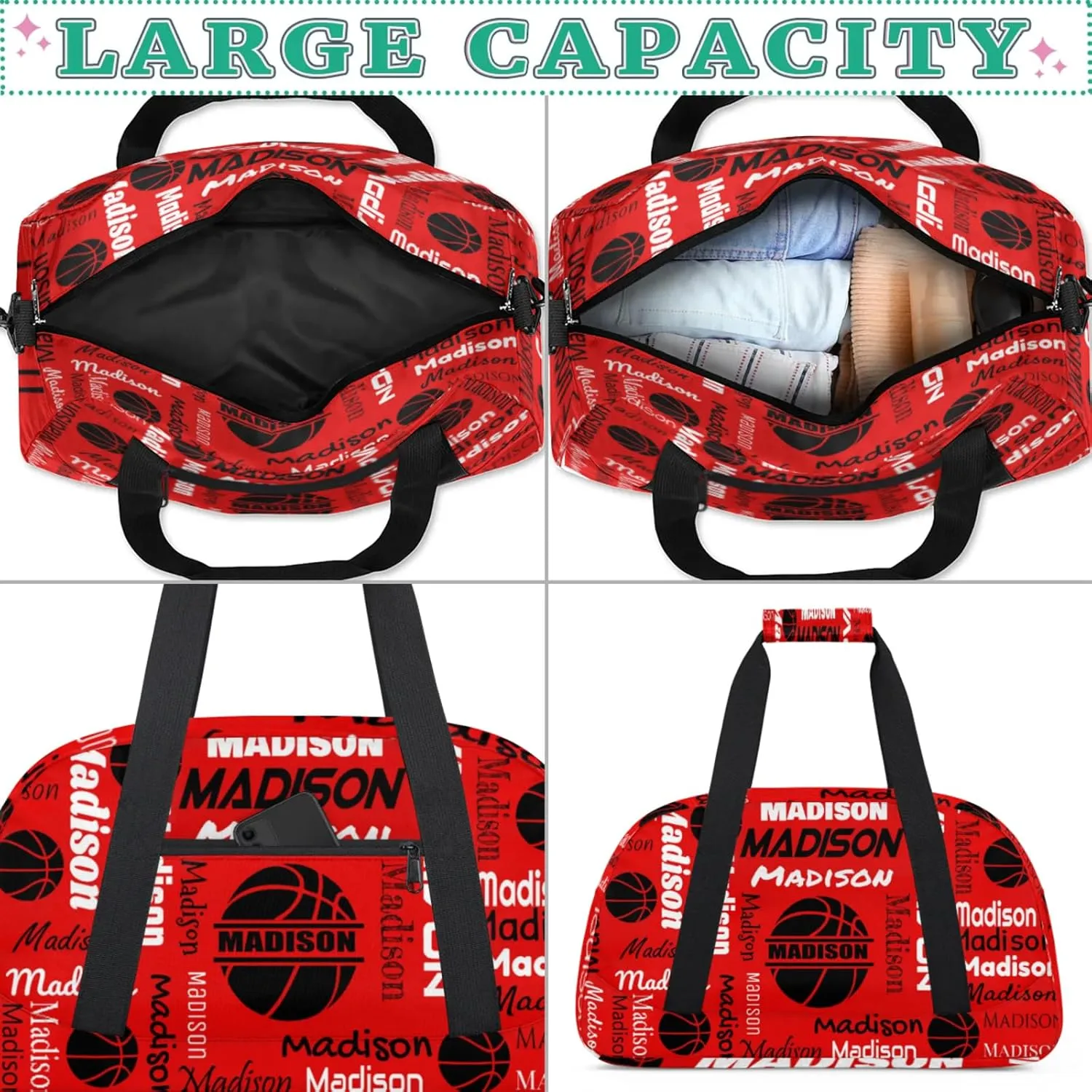 Custom Basketball Gym Duffel Bag for Women Men, Personalized Name Travel Sport Bags Customized Balls Weekender Bag, Coral Red A