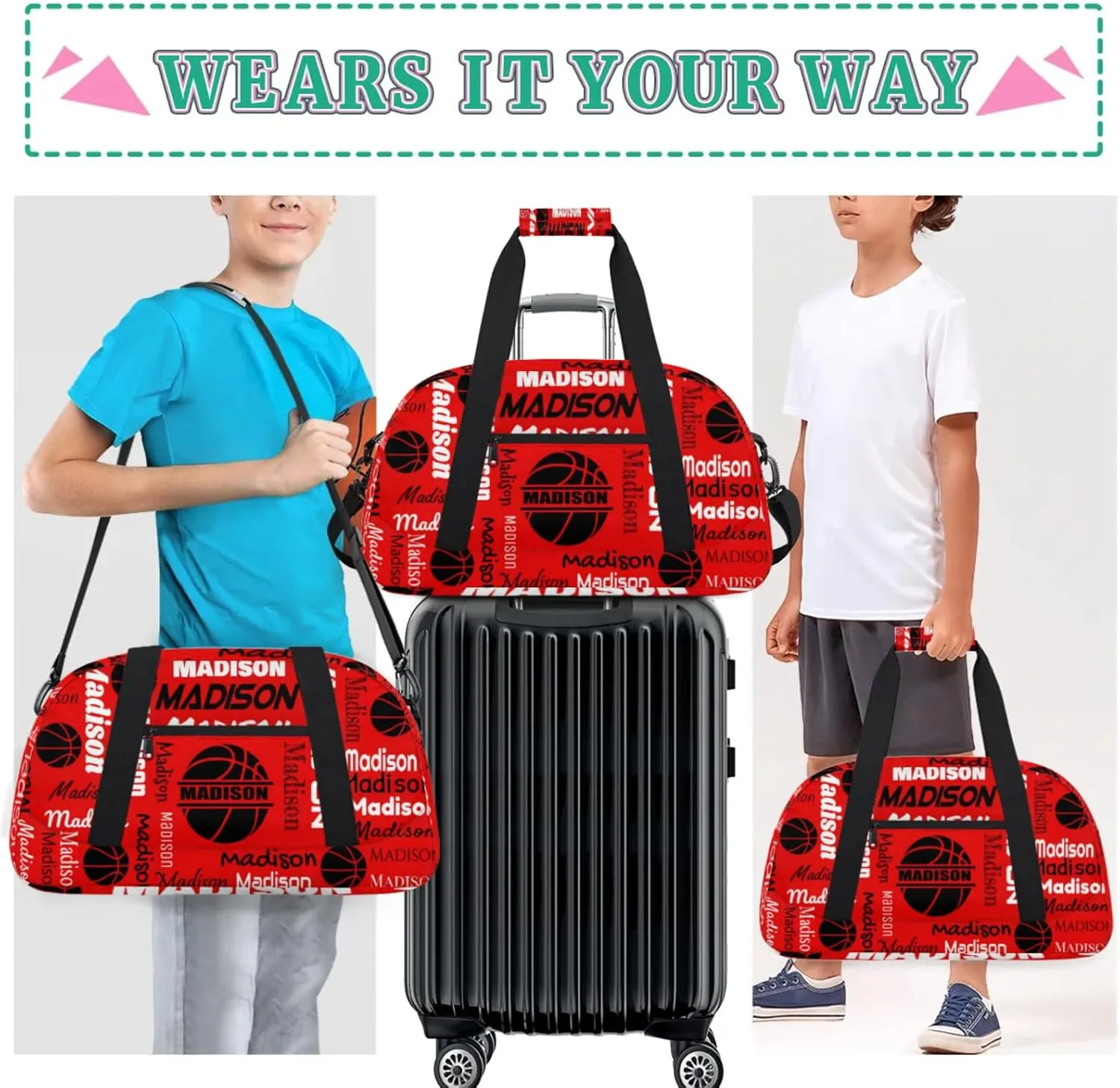 Custom Basketball Gym Duffel Bag for Women Men, Personalized Name Travel Sport Bags Customized Balls Weekender Bag, Coral Red A