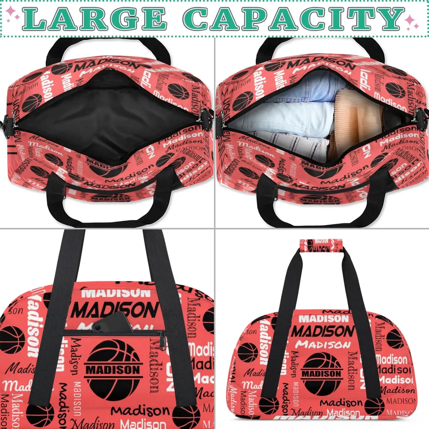 Custom Basketball Gym Duffel Bag for Women Men, Personalized Name Travel Sport Bags Customized Balls Weekender Bag, Coral Red