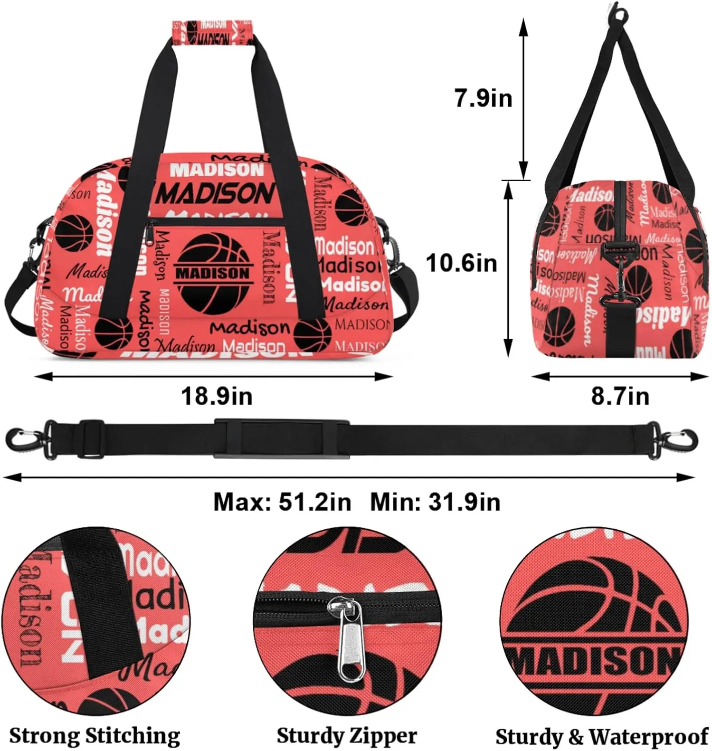Custom Basketball Gym Duffel Bag for Women Men, Personalized Name Travel Sport Bags Customized Balls Weekender Bag, Coral Red