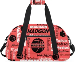 Custom Basketball Gym Duffel Bag for Women Men, Personalized Name Travel Sport Bags Customized Balls Weekender Bag, Coral Red