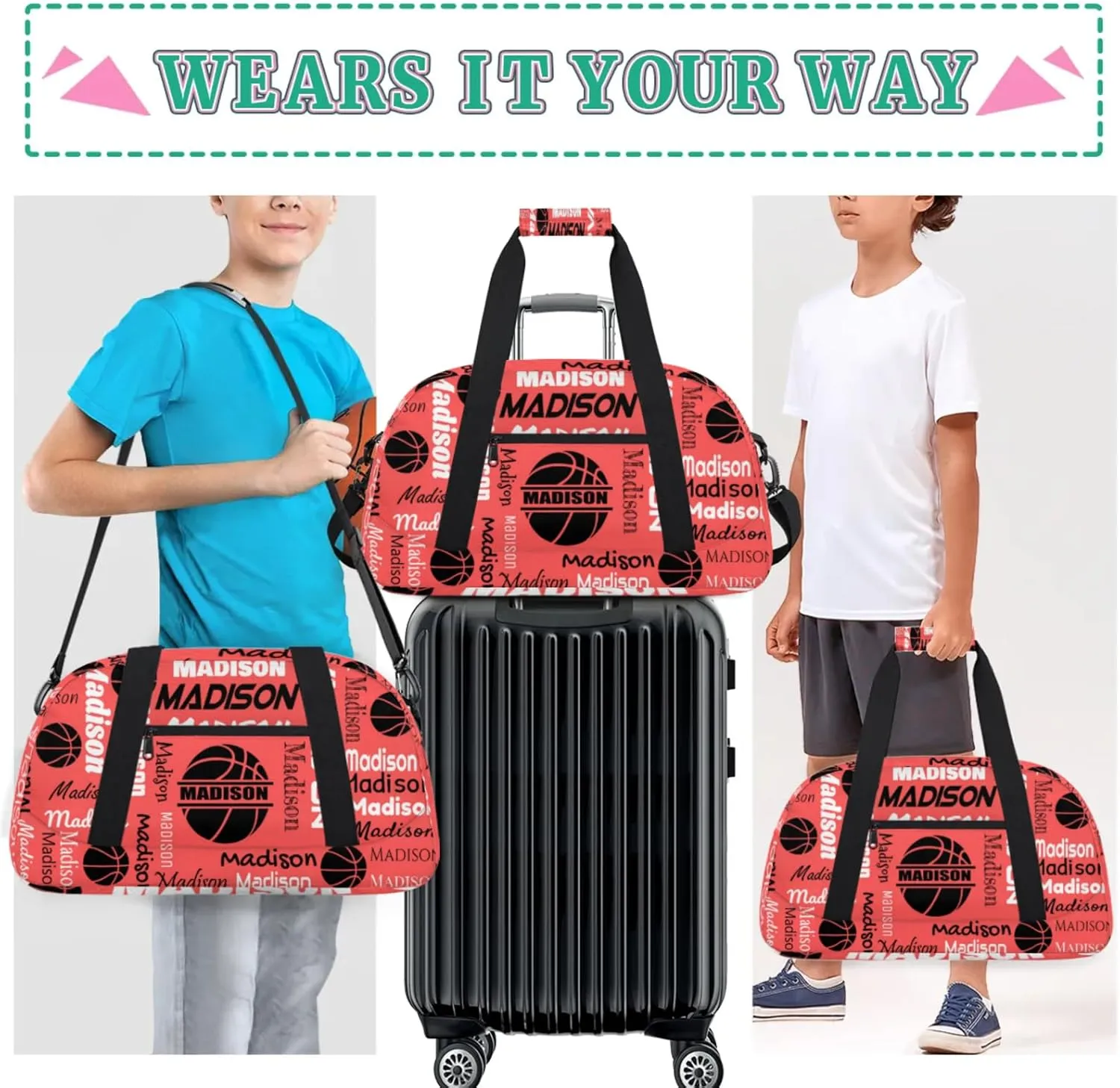 Custom Basketball Gym Duffel Bag for Women Men, Personalized Name Travel Sport Bags Customized Balls Weekender Bag, Coral Red