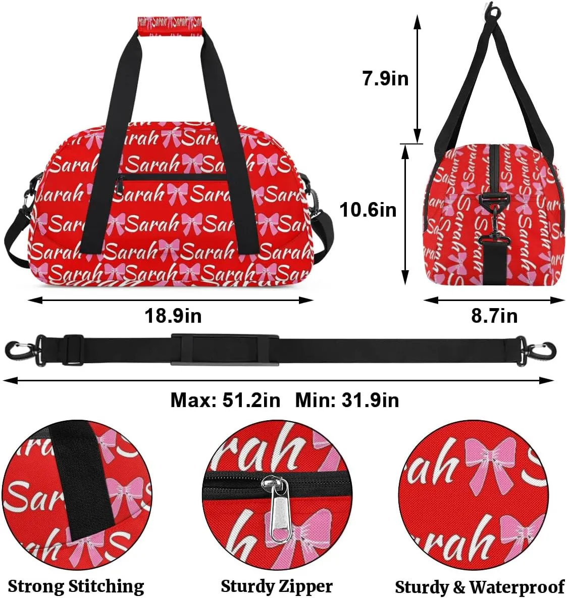 Custom Cheer Bag Girl Sport Duffel Bag, Personalized Cheerleaders Gym Bag, Customized Travel Duffle Bag with Name, Overnight Weekender Bags, Coral Red A, Cheerleading Gifts