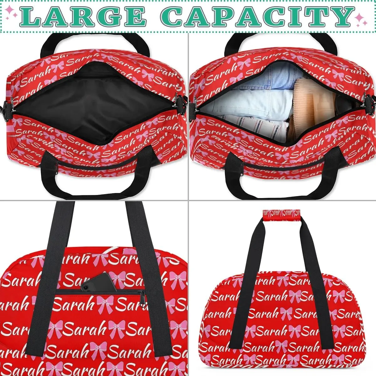 Custom Cheer Bag Girl Sport Duffel Bag, Personalized Cheerleaders Gym Bag, Customized Travel Duffle Bag with Name, Overnight Weekender Bags, Coral Red A, Cheerleading Gifts
